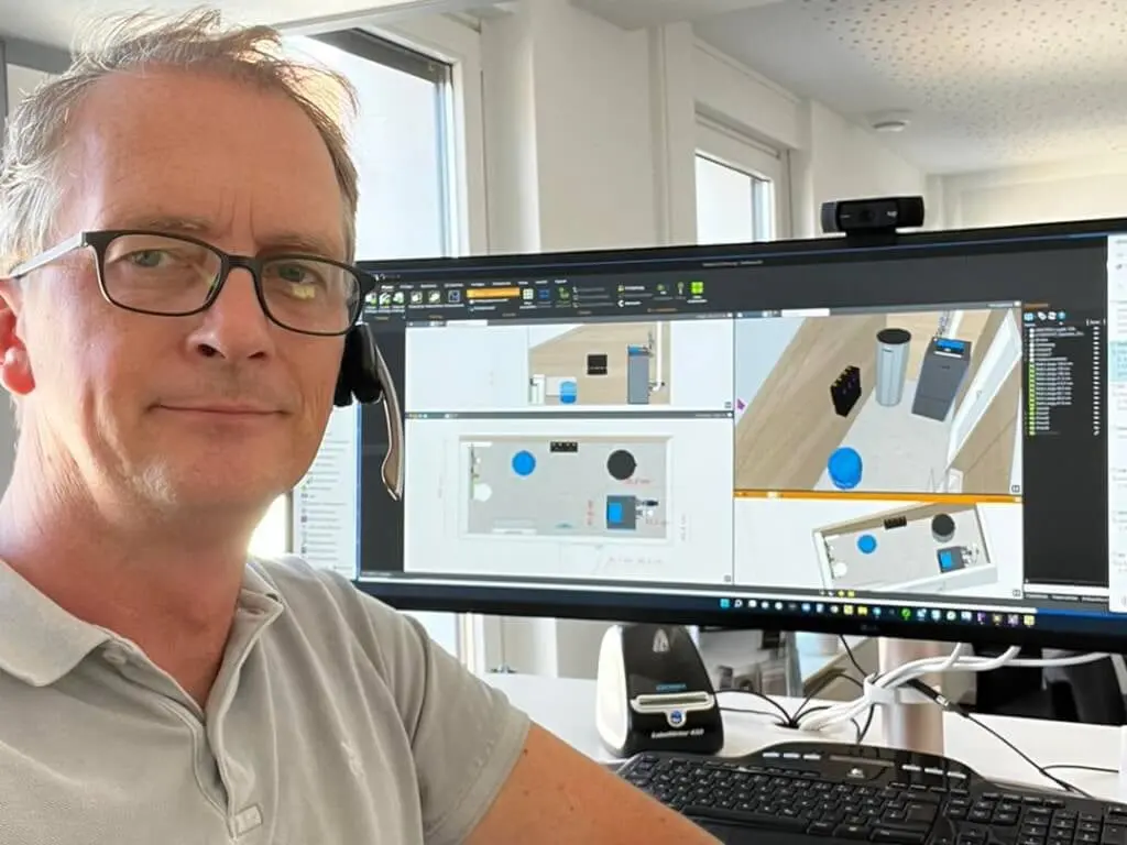 Planer am Schreibtisch vor einem Breitbild-Monitor, auf dem eine 3D-Planungssoftware einen Heizungsraum in Grundriss und 3D-Ansicht zeigt