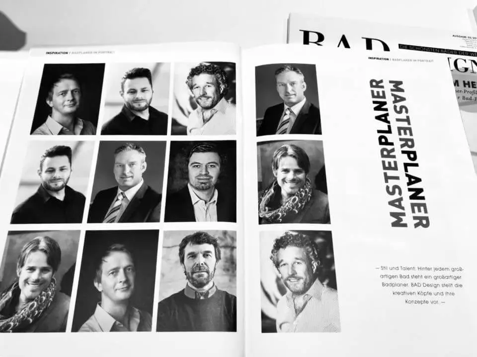 Aufgeschlagene Ausgabe der Zeitschrift BadDESIGN mit Porträts der vorgestellten Badplaner