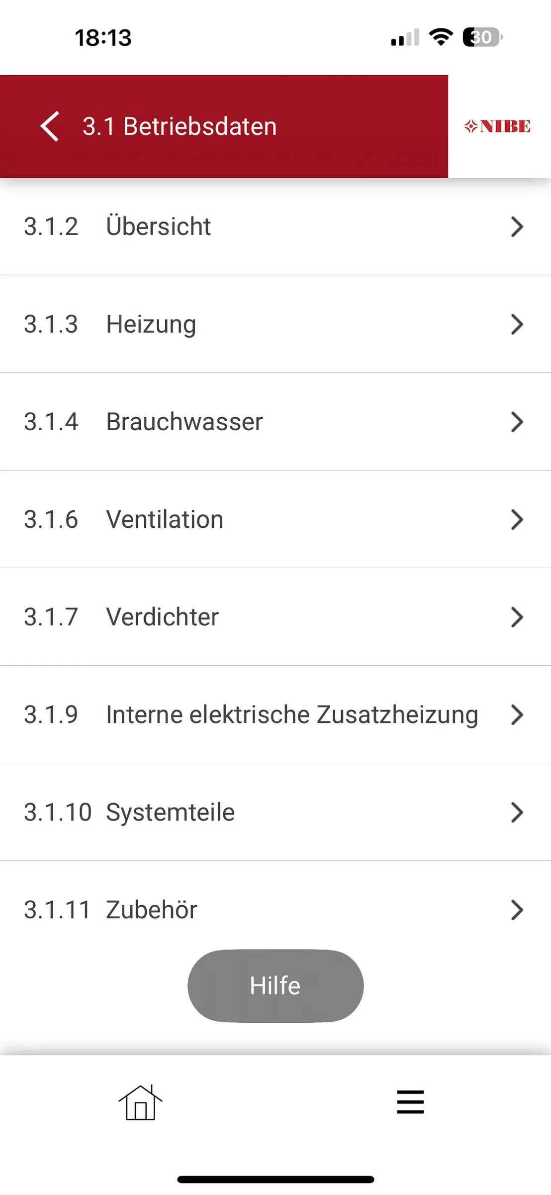 Screenshot der Nibe-App mit dem Menü Betriebsdaten, unter anderem Heizung, Brauchwasser und Verdichter
