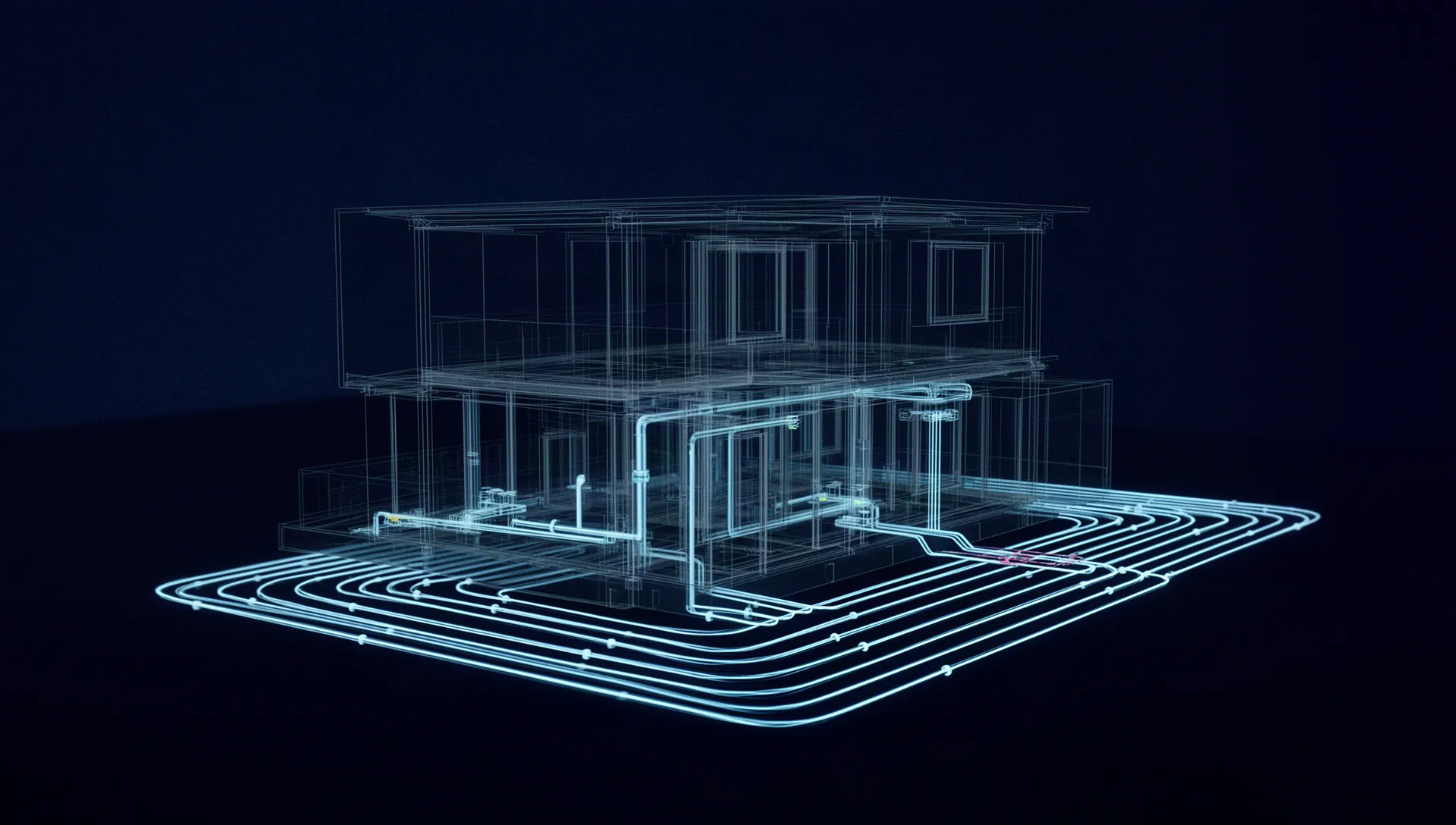 BIM-Drahtmodell eines Wohnhauses mit Heizleitungen