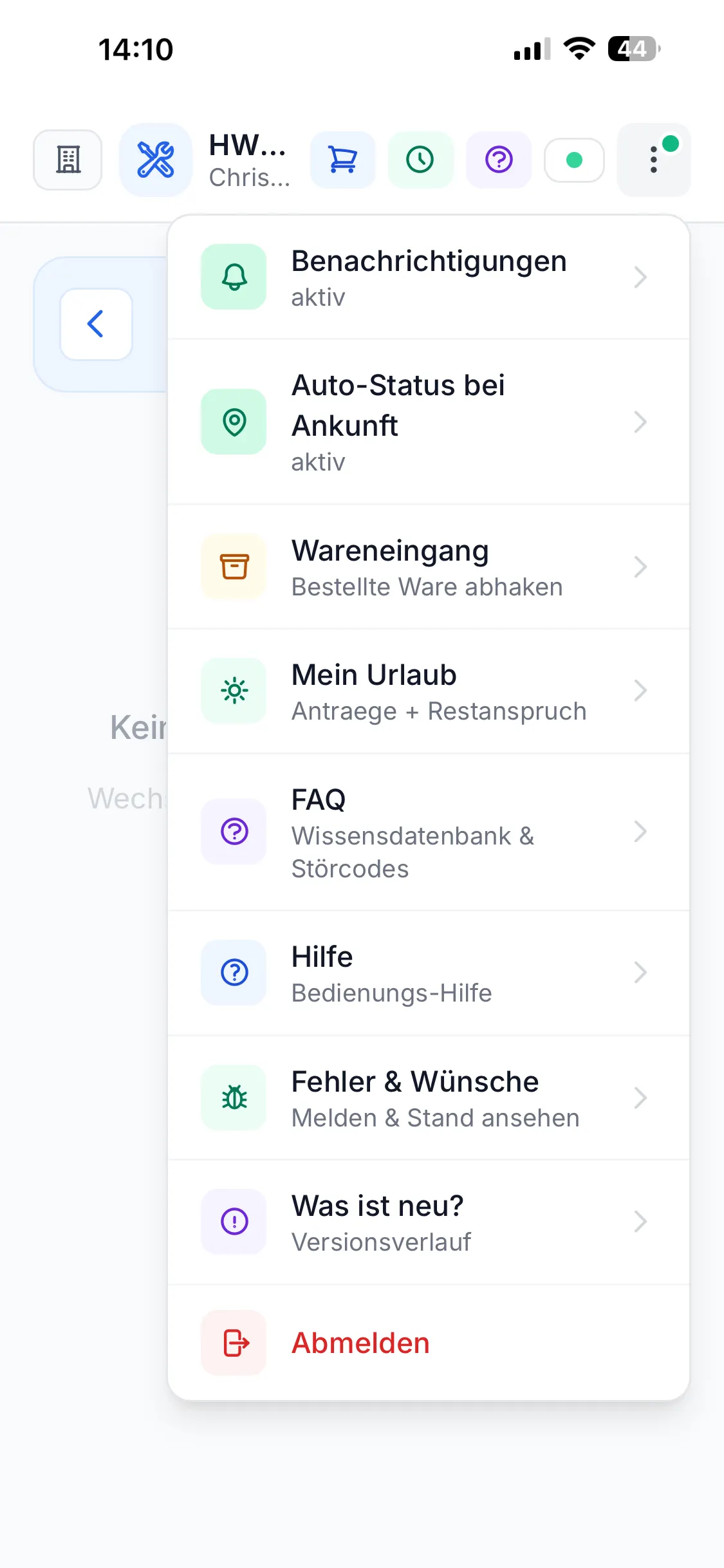 Monteur-App: Menü mit Urlaubsanträgen, Wareneingang, FAQ und Hilfe