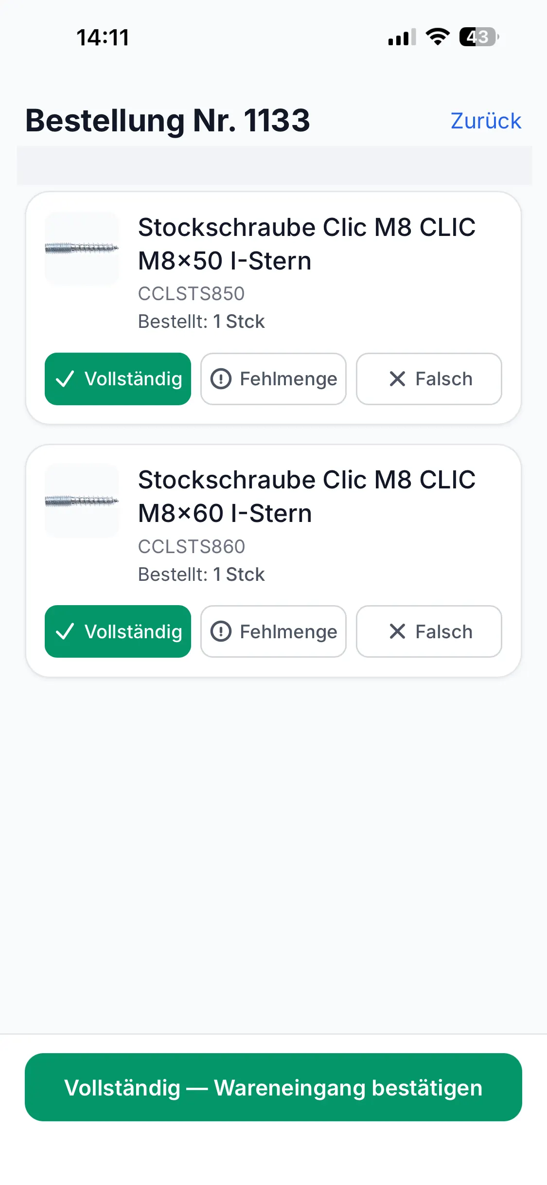 Monteur-App: Wareneingang einer Bestellung Position für Position abhaken