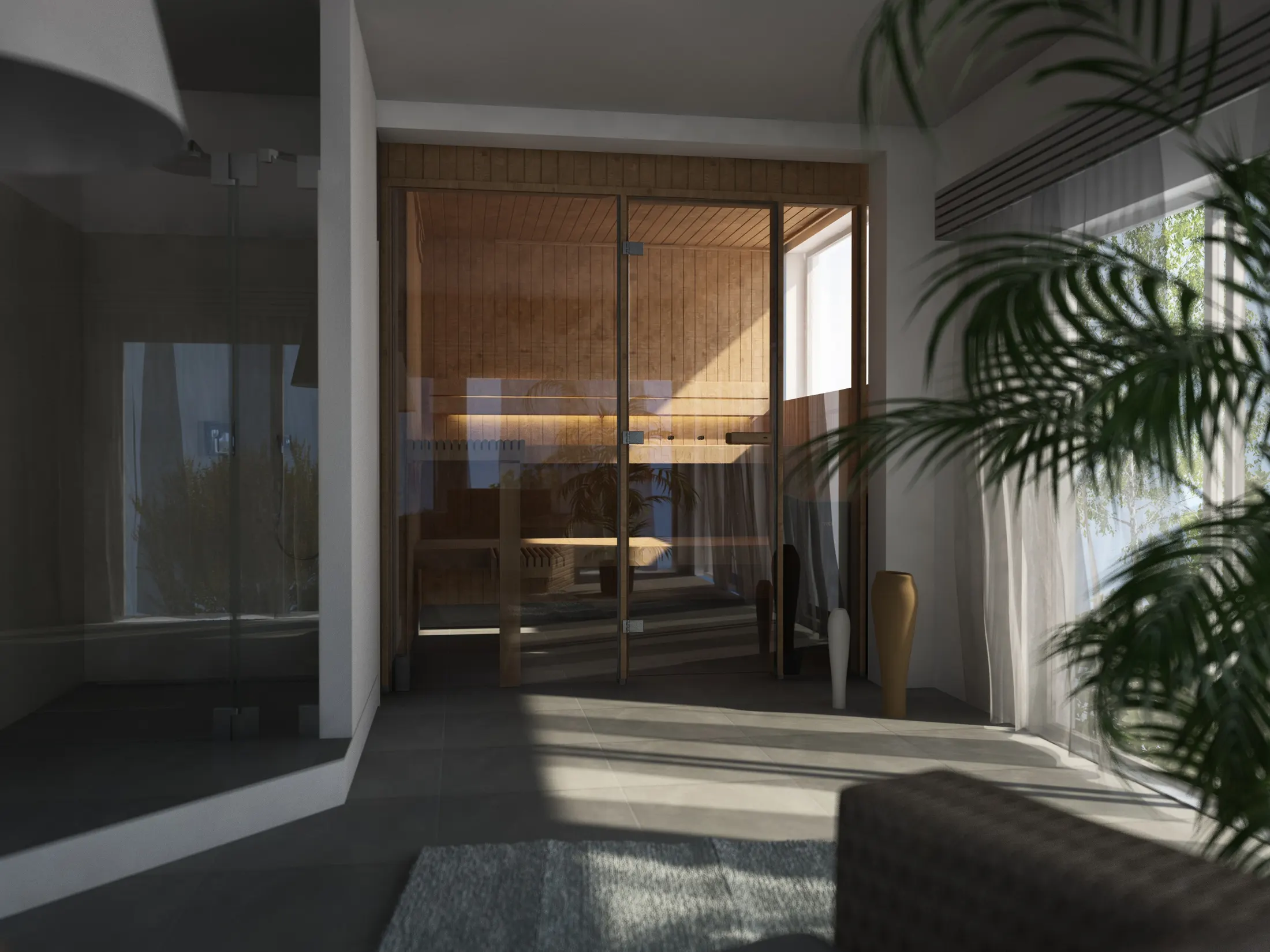 3D-Planungsvisualisierung einer Sauna mit Glasfront im Wohnraum