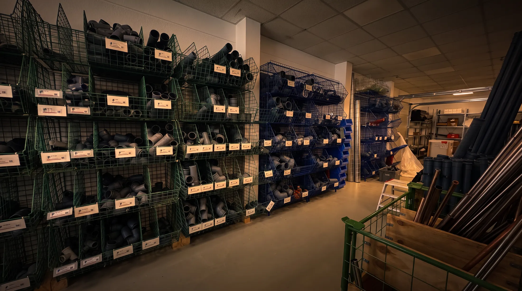 Sortierte Fittings in Gitterkörben im Lager am Grünen Weg